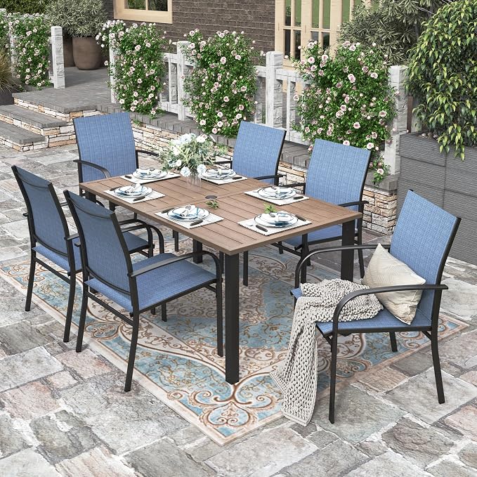 HERA'S HOUSE 7 Pieces Outdoor Dining Set, Wood-Grain Metal Table with Umbrella Hole, Patio Table and Chairs for Yard Garden Porch Poolside, Blue