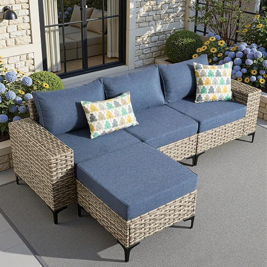 4 Pcs Patio Outdoor Furniture Set - All Weather Wicker Outdoor Sectional Sofa Couch with Ottoman,Patio Modular Rattan Conversation Set for Garden Deck Yard,Denim Blue