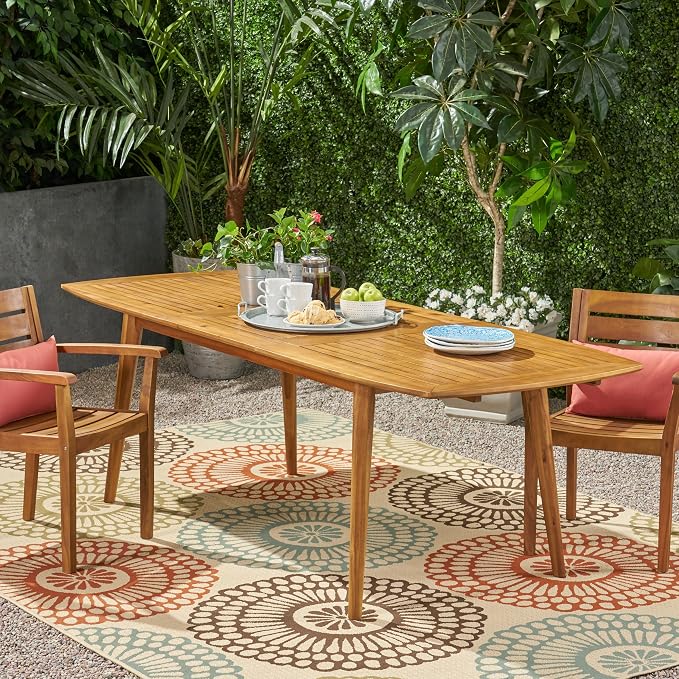 IRONORA Natural Acacia Wood Extendable Patio Dining Table, 94.5 Inch Rectangular Slatted Top Outdoor Farmhouse Table for 6-8 People, Teak Finish Wooden Table for Backyard Balcony