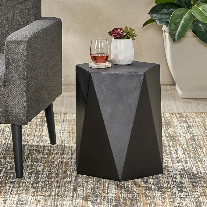 Outdoor Side Table Concrete Side Table Pentagonal End Tables Small Stone Coffee Tables Patio Garden Stool Plant Stand for Porch, Backyard Balcony,Weather Resistant, 16",Black