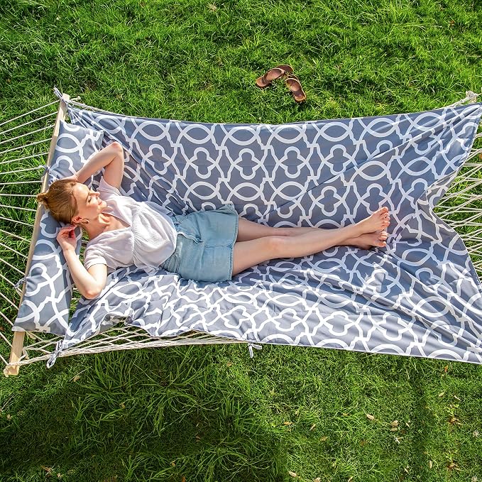 SUNCREAT Hammocks Heavy Duty Hammock with Hardwood Spreader Bar, Double Rope Hammock with Polyester Pad, Grey