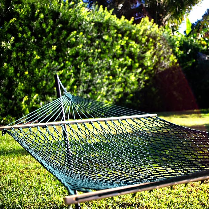 Bliss Hammocks BH-410GR 60in Wide Cotton Rope Hammock, Indoor Outdoor Poolside Patio Backyard Hammock, Includes Chains & Hooks, Eco Friendly Polyester, Hardwood Spreader, 450 Pound Capacity, Green