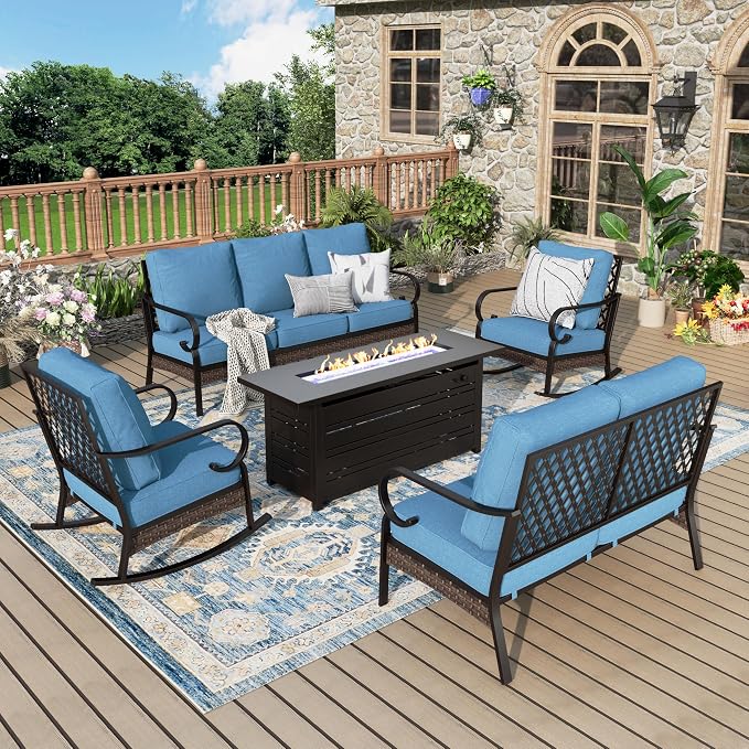 MIXPATIO Patio Furniture Set with Fire Pit Table, Metal Outdoor Conversation Set with 5.75'' Extra Thick Cushion, 2 Rocking Chairs, Loveseat Sofa, 3-Seat Sofa and Gas Fire Pit Table, Navy Blue