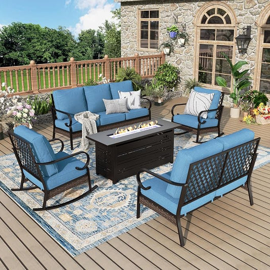 MIXPATIO Patio Furniture Set with Fire Pit Table, Metal Outdoor Conversation Set with 5.75'' Extra Thick Cushion, 2 Rocking Chairs, Loveseat Sofa, 3-Seat Sofa and Gas Fire Pit Table, Navy Blue