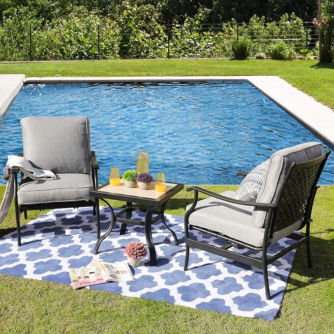 LOKATSE HOME 3 Piece Outdoor Furniture Set with 2 Patio Bistro Conversation Chairs and 21 inch Square Dining Table, Grey