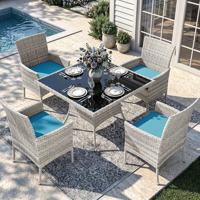 Outdoor Dining Set, 5-Piece Patio Furniture Set with Tempered Glass Table and 4 Cushioned Chairs, Dual-Strand Wicker Rattan, Balcony Furniture for Backyard, Garden, Deck,– Turquoise