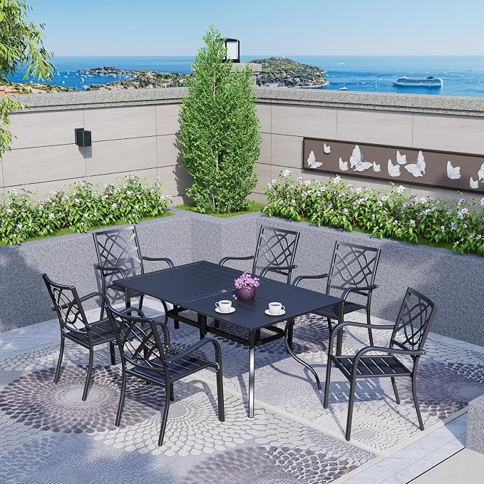 SOLAURA 7-Piece Outdoor Patio Dining Set, 6 Person Outside Table and Chairs Set, Metal Stacked Chairs of 6, Slat Table Top with 1.57" Umbrella Hole (Black)