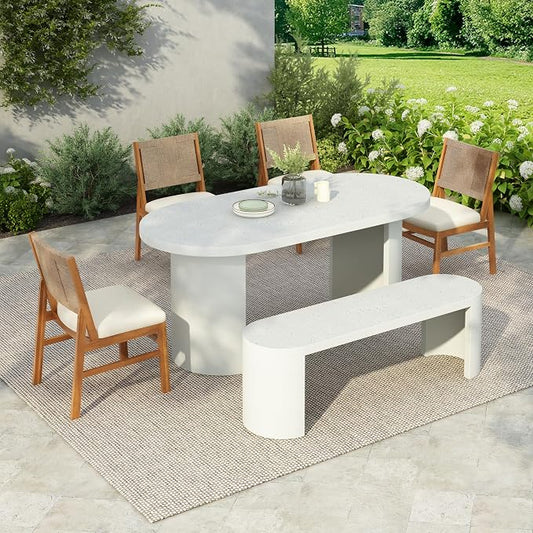 Christopher Knight Home Outdoor Dining Set 6 Piece, 67.5 Inch Terrazzo Concrete Table with 4 Acacia Wood Wicker Chairs and 60 Inch Bench, Patio Dining Set with Cream Cushions for Garden Deck Backyard