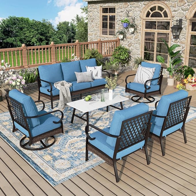 MIXPATIO Patio Furniture Set with Coffee Table, Outdoor Conversation Set with 2 x Fixed Chairs, 2 x Swivel Chairs, 1 x 3-Seat Sofa for Lawn Garden Backyard, Navy Blue