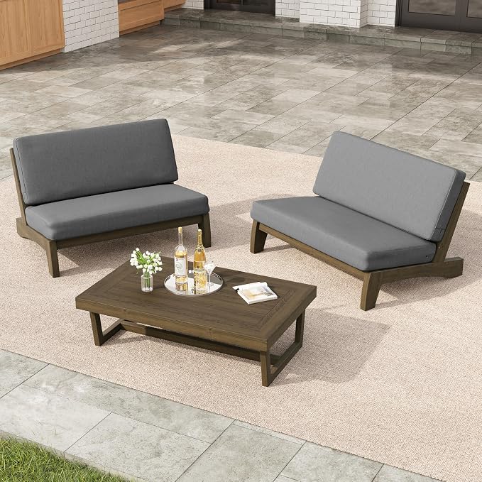 3 Pieces Patio Furniture Sets, All-Weather Outdoor Wood Bistro Set Patio Conversation Coffee Table Chiars and Patio Loveseat for Balcony, Backyard