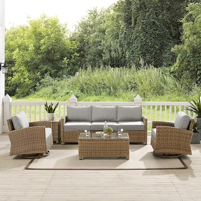 Crosley Furniture Bradenton 5-Piece Wicker Outdoor Sofa and Swivel Rocker Patio Furniture Set for Porch, Brown with Gray Cushions