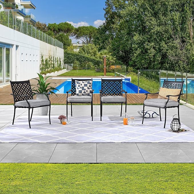 LOKATSE HOME Patio Dining Chairs Set of 4, Stackable Metal Wrought Iron Outdoor Chairs with Armrests & Thick Grey Cushions, All-Weather Heavy Duty Furniture for Garden, Backyard, Deck & Balcony