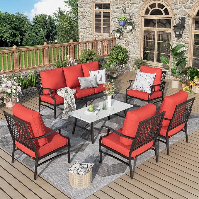 MIXPATIO Patio Furniture Set 6 pcs, Outdoor Patio Furniture, 1 X 3-Seat Sofa, 4 X Single Chairs, 1 X Coffee Table and 5.75" Extra Thick Cushion, Patio Conversation Set,Red