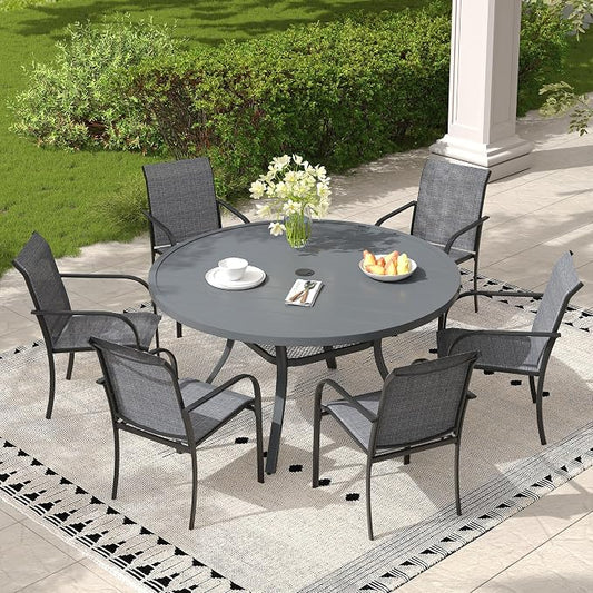 7 Pieces Outdoor Dining Set, Stackable Textilene Paito Chairs & 47.2" Round Dining Table with Umbrella Hole and Shelf, Patio Dining Set for Backyard, Deck, Garden, Grey & Dark Grey