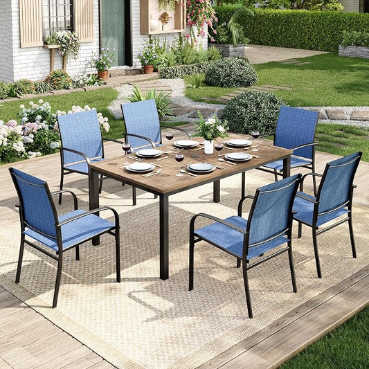 MIXPATIO 7 Pieces Patio Table and Chairs Set, Patio Dining Set for 6, 6 Textilene Chairs and 1 Wood-Like Rectangle Steel Table with Umbrella Hole, for Deck Backyard Lawn Poolside, Blue