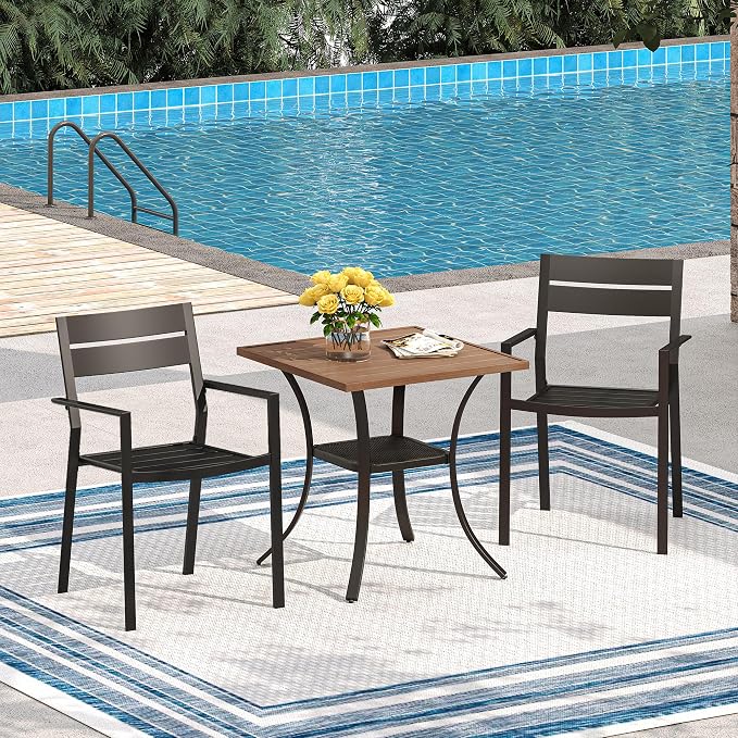 VICLLAX Small Patio Dining Table for 2, Square Metal Slatted Tabletop with Storage Shelf for Front Porch Lawn Garden, Walnut Tabletop(No Umbrella Hole)