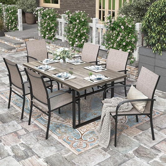 HERA'S HOUSE 7pc Outdoor Patio Dining Set, Wood-Look Metal Table, Brown | 6 textilene chairs, 64" rectangular table with umbrella hole. Waterproof, rust-resistant, all-weather for yard, porch