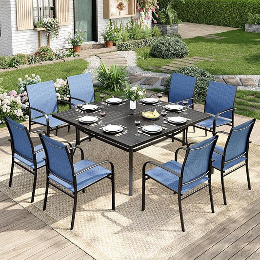 MIXPATIO 9 Pieces Patio Table and Chairs Set, Patio Dining Set for 8, 8 Blue Textilene Chairs and 1 Large Square Patio Dining Table with Umbrella Hole, for Deck Backyard Lawn Poolside
