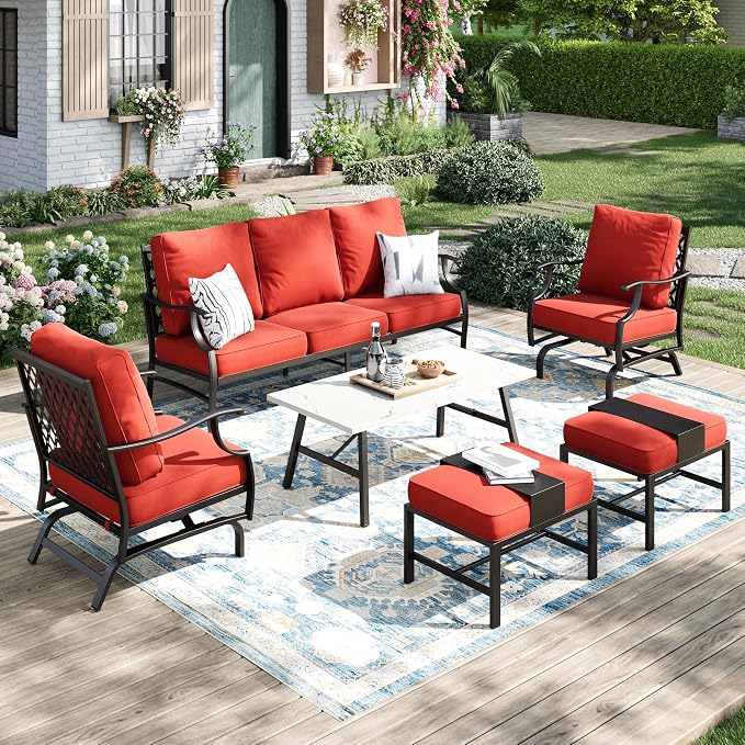 MIXPATIO Patio Furniture Set 6 pcs, Outdoor Patio Furniture, 3-Seat Sofa, 2 Rocking Chairs, 2 Ottomans, Coffee Table and 5.75" Extra Thick Cushion, Conversation Set for Backyard Deck, Red