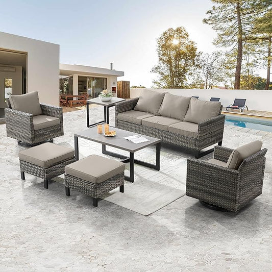 Belord 7 Piece Outdoor Furniture Patio Wicker Sofa Set, Oversize Outdoor Swivel Rocker Chairs with Rattan Ottomans, Conversation Sets Patio Furniture Come with Removable Washable Cushion Grey