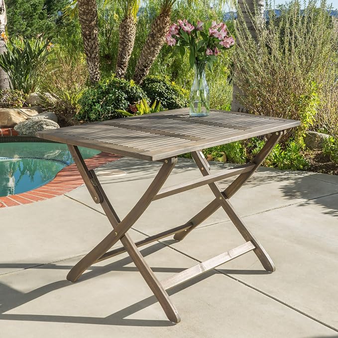 Merax Foldable Outdoor Dining Table 42.5''x27.5''x30'' Rectangular Acacia Wood Patio Dining Table, Grey