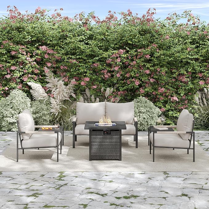 6 Pieces Rattan Outdoor Furniture Set, All-Weather Patio Conversation Set with Warm Grey Cushions, Coffee Table and 28" Fire Pit Table for Garden, Backyard, Balcony, Poolside