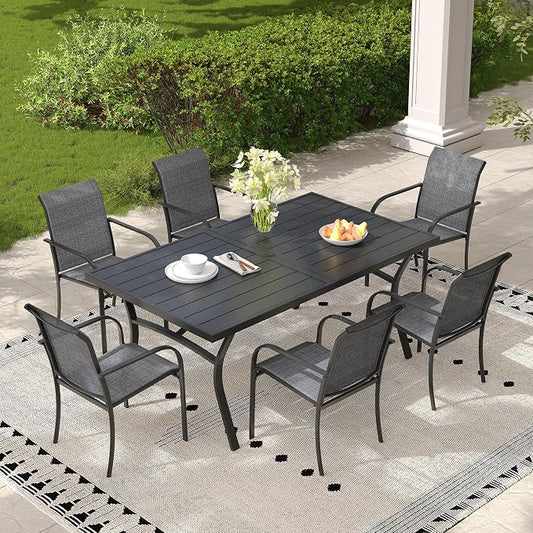 Patio Table and Chairs Set for 6, Outdoor Dining Set with 6 Stackable Dining Chairs and 63.1" x 28" Rectangle Patio Metal Table for Backyard, Deck, Lawn, Garden, Grey & Black