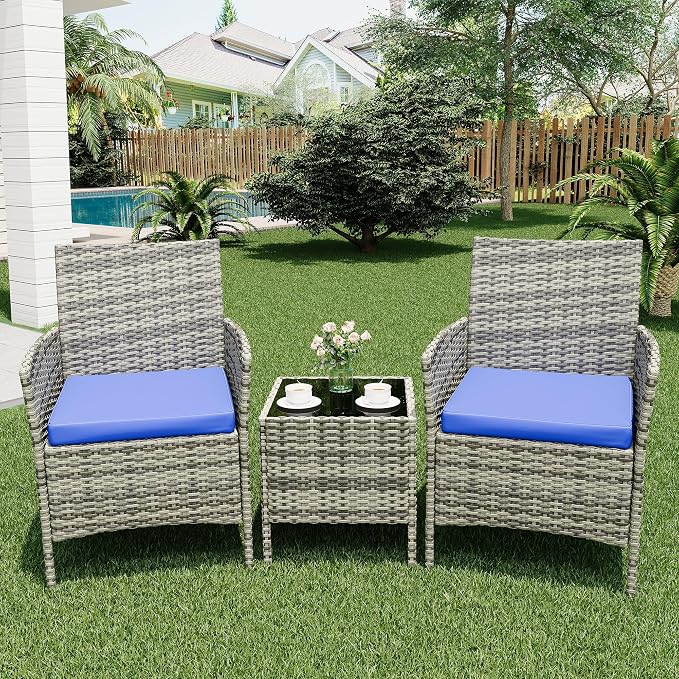 IDEALHOUSE Patio Furniture Set, 3-Piece PE Rattan Wicker Patio Set with Cushions and Glass Table, Outdoor for Porch, Garden, Balcony, Modern Outdoor Patio Furniture Set, Grey & Blue