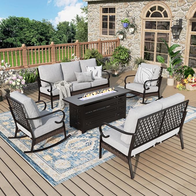 MIXPATIO Patio Furniture Set with Fire Pit Table, Metal Outdoor Conversation Set with 2 Rocking Chairs, Loveseat Sofa, 3-Seat Sofa and Gas Fire Pit Table for Lawn Garden Backyard, Light Grey