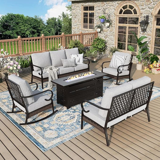 MIXPATIO Patio Furniture Set with Fire Pit Table, Metal Outdoor Conversation Set with 2 Rocking Chairs, Loveseat Sofa, 3-Seat Sofa and Gas Fire Pit Table for Lawn Garden Backyard, Light Grey