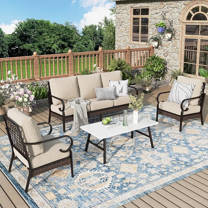 MIXPATIO Patio Furniture Set with Coffee Table, Outdoor Conversation Set with 2 x Fixed Chairs, 1 x 3-Seat Sofa for Lawn Garden Backyard, Beige