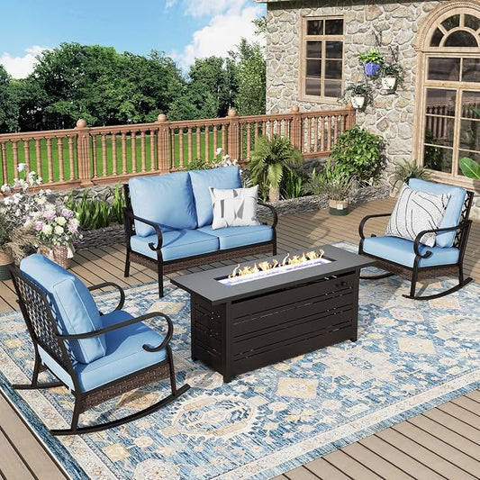 MIXPATIO Patio Furniture Set with Firepit Table, Black Frame Outdoor Conversation Set with 2 x Rocking Chair, 1 x 2-Seat Sofa for Lawn Garden Backyard, Blue