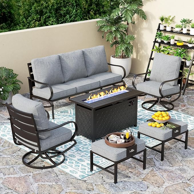 PHI VILLA Patio Furniture Set with FirePit Table, Outdoor Furniture with 1 x 3-Seat Wide Deep Seating Bench, 2 x Swivel Sofa Chairs & 2 Ottomans, 5.75" Thick Cushioned Outdoor Conversation Set, Grey