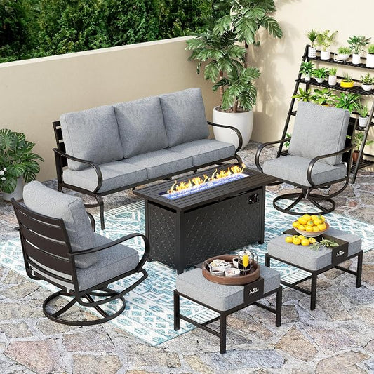 PHI VILLA Patio Furniture Set with FirePit Table, Outdoor Furniture with 1 x 3-Seat Wide Deep Seating Bench, 2 x Swivel Sofa Chairs & 2 Ottomans, 5.75" Thick Cushioned Outdoor Conversation Set, Grey