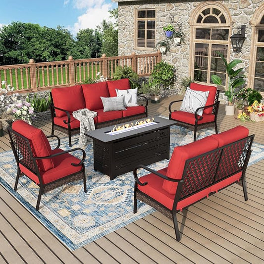 MIXPATIO Patio Furniture Set with Fire Pit Table, Metal Outdoor Conversation Set with 5.75'' Extra Thick Cushion, Loveseat Sofa, 2 Leg Chairs, 3-Seat Sofa and Gas Fire Pit Table, Red