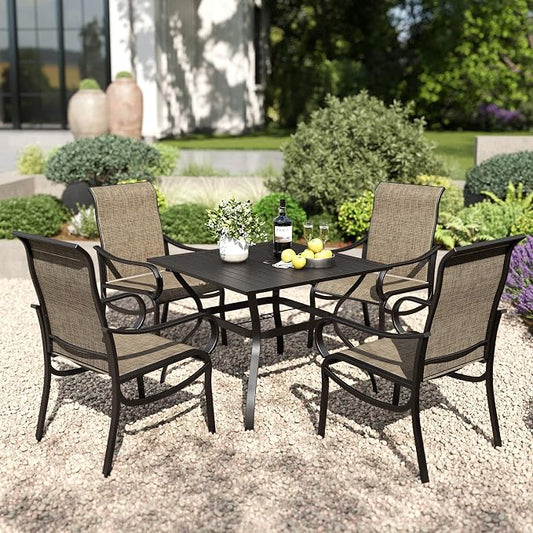 PHI VILLA 5 Pcs Patio Dining Set for 4, Mesh Patio Chairs & Square Table | 4 textilene dining chairs. 37" metal square table with umbrella hole, all weather E-coated metal frame for outdoor deck lawn