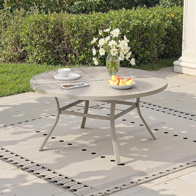 50" Outdoor Dining Table with Adjustable Umbrella Hole, Metal Slatted Round Patio Dining Table for Backyard Garden Deck, Sandshell