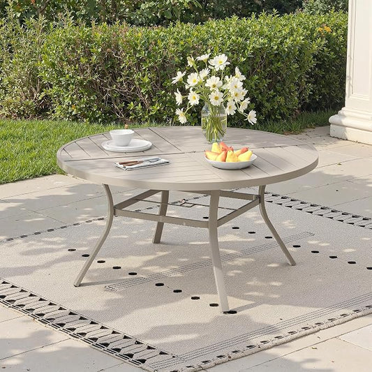 50" Outdoor Dining Table with Adjustable Umbrella Hole, Metal Slatted Round Patio Dining Table for Backyard Garden Deck, Sandshell