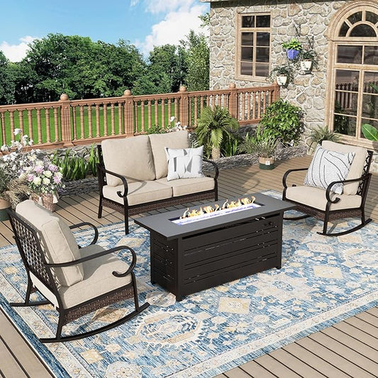 MIXPATIO Patio Furniture Set with Firepit Table, Black Frame Outdoor Conversation Set with 2 x Rocking Chair, 1 x 2-Seat Sofa for Lawn Garden Backyard, Beige