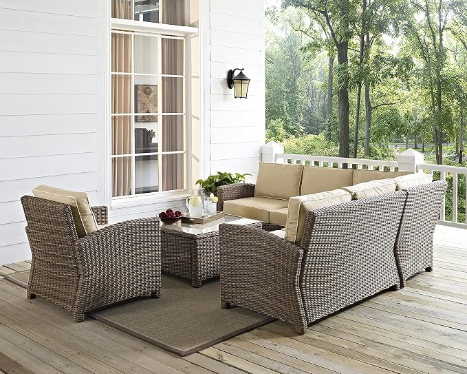 Crosley Furniture Bradenton 5-Piece Outdoor Sectional Sofa Wicker Conversation Patio Furniture Set for Deck, Brown with Sand Cushions