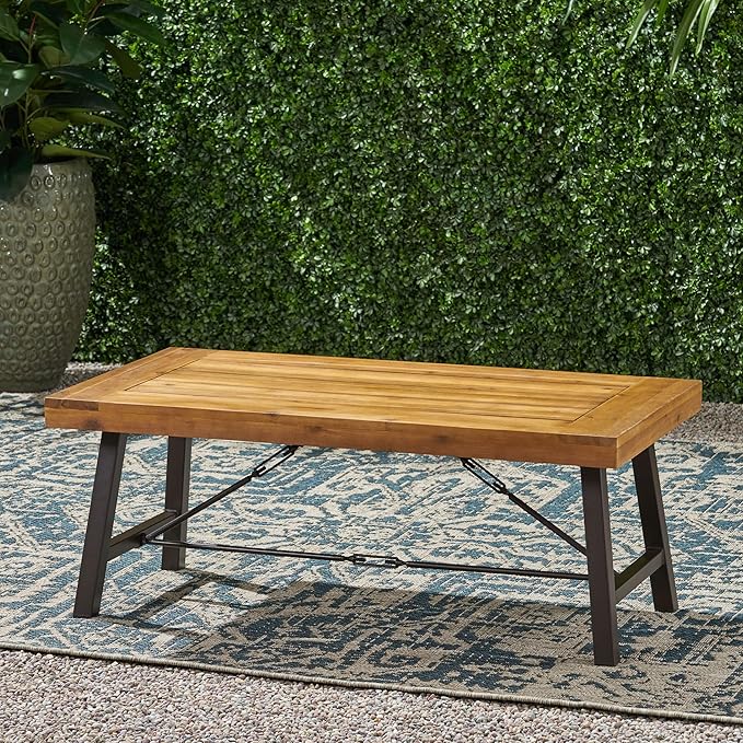 roomfitters Outdoor Acacia Wood Coffee Table, Teak Finish with Rustic Metal Legs, Perfect for Patio, Garden, or Deck, Weather-Resistant and Durable, Brown and Black