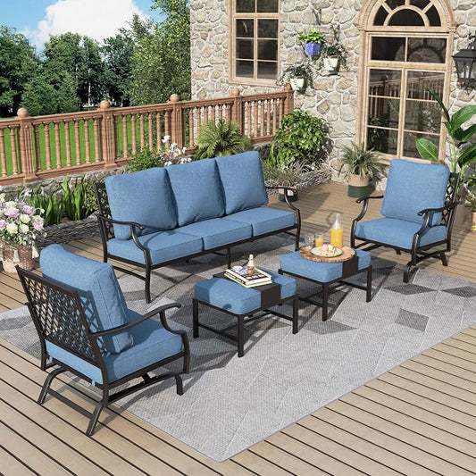 MIXPATIO Patio Furniture Set 5 pcs, Outdoor Patio Furniture Set, 3-Seat Sofa, 2 Rocking Chairs, 2 Ottomans and 5.75" Extra Thick Cushions, Conversation Set for Backyard Deck,Navy Blue