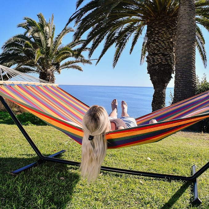 Sterling Sports Hammock for 1 Person, 4ft Wide 420 lbs Capacity, Wooden Spreader for Outdoor Patio Yard Poolside, Cotton Tropical Rush
