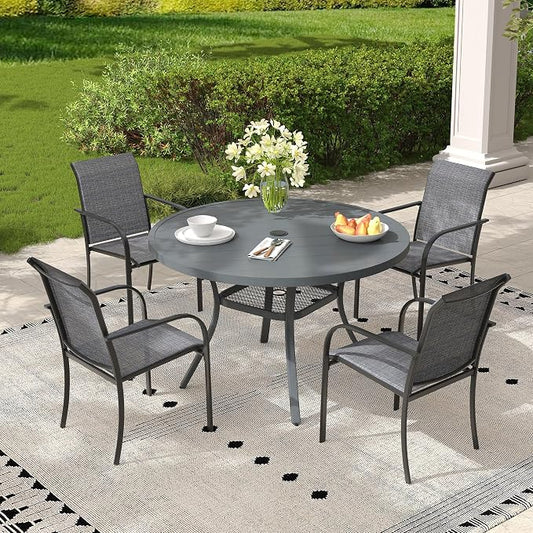 5 Pieces Outdoor Dining Set, Stackable Textilene Paito Chairs & 40.6" Round Dining Table with Umbrella Hole and Shelf, Patio Dining Set for Backyard, Deck, Garden, Grey & Dark Grey