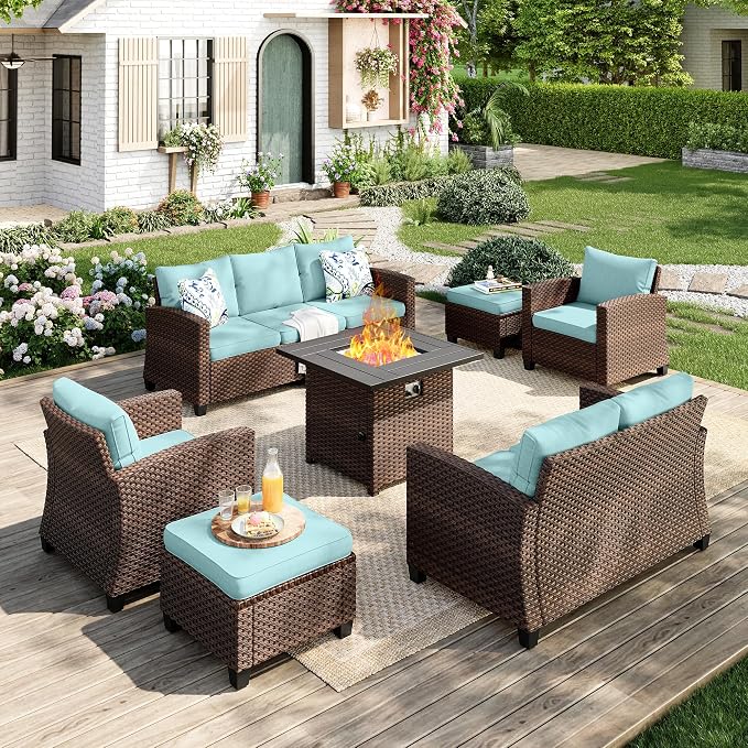 MIXPATIO Patio Furniture Set, 7 Pcs Wicker Rattan Outdoor Conversation Set, 2 x Leg Chairs, 1 x 3 Seater Sofa, 1 x 2-Seat Lover Sofa and 2 x Ottomans with 4" Thick Cushion and 32" Fire Pit Table, Blue