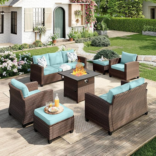 MIXPATIO Patio Furniture Set, 7 Pcs Wicker Rattan Outdoor Conversation Set, 2 x Leg Chairs, 1 x 3 Seater Sofa, 1 x 2-Seat Lover Sofa and 2 x Ottomans with 4" Thick Cushion and 32" Fire Pit Table, Blue