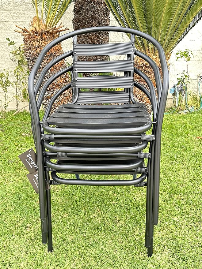 BTEXPERT Indoor Outdoor Restaurant Stainless Steel Metal Aluminum Slat Stack Commercial Lightweight, 4 Chairs with a 27.5" Square Table, Silver/Black