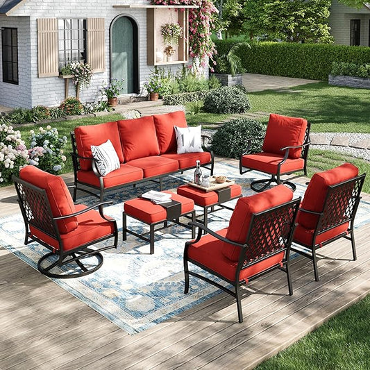 MIXPATIO Patio Furniture Set 7 pcs, Outdoor Patio Furniture, 3-Seat Sofa, 2 Single Chairs, 2 Swivel Chairs, 2 Ottomans and 5.75" Extra Thick Cushion, Patio Conversation Set for Backyard Deck,Red