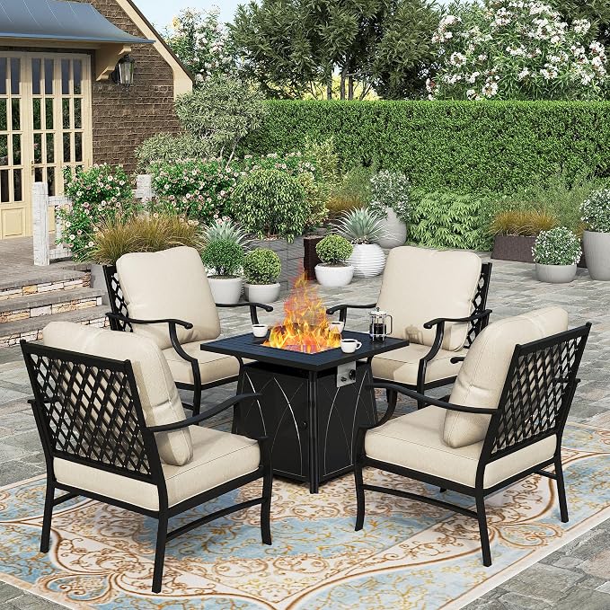HERA'S HOUSE 5 Pieces Patio Furniture Set with Fire Pit Table, 4 x Thick Cushioned Chairs, 1 x Fire Pit Table (50,000 BTU), All Weather Outdoor Conversation Set for Garden, Backyard, Lawn