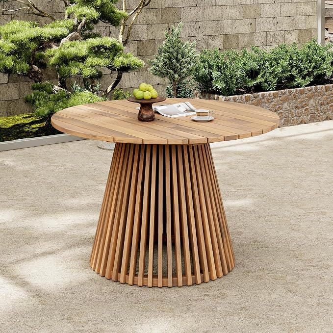 roomfitters 47.25" Round Outdoor Dining Table, Slatted Pedestal Base Acacia Wood Patio Table for 4-6 People, Light Teak